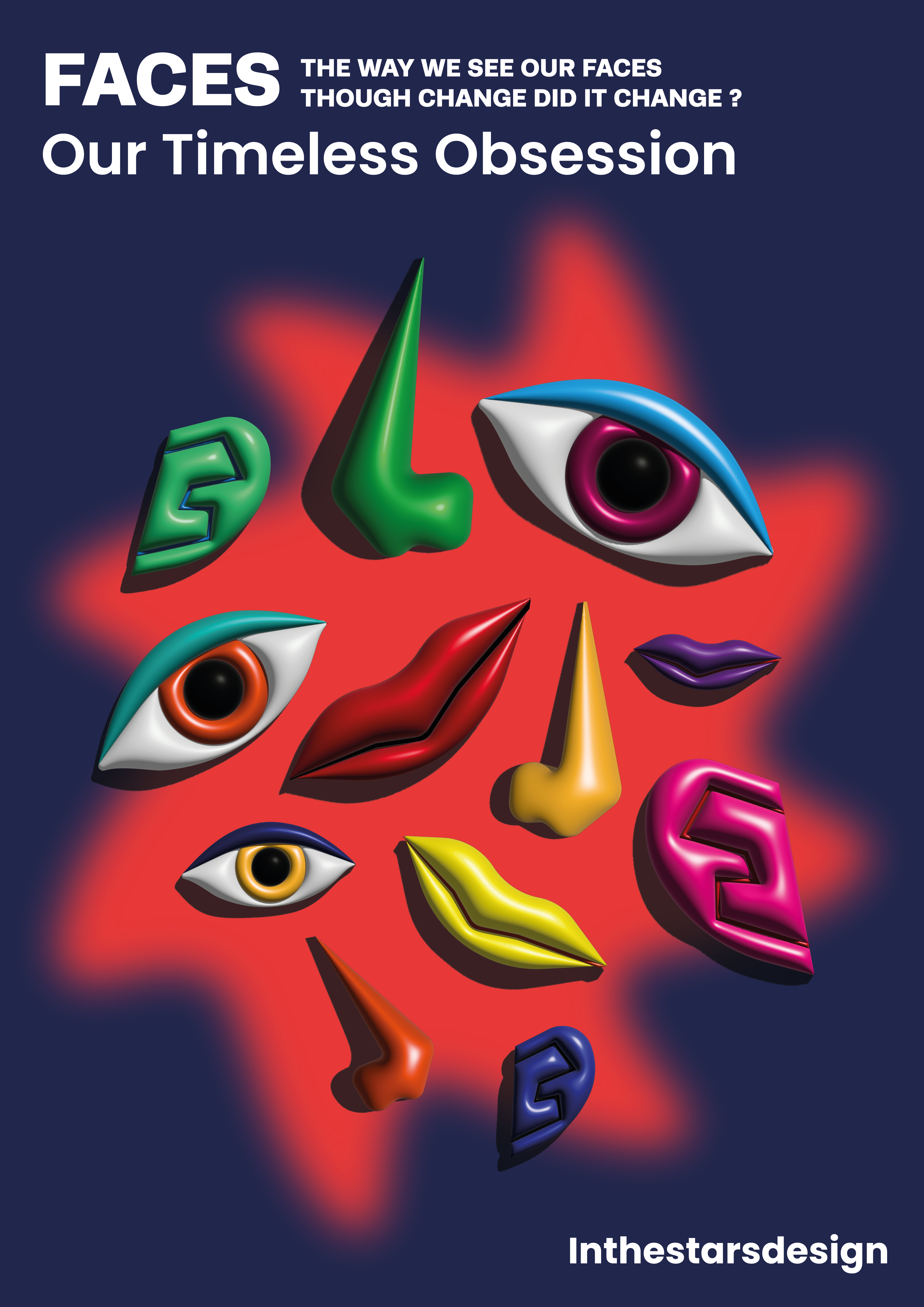 Illustration avec des éléments de visage type nez, oeil et lèvres en 3D. Version bleu et rouge